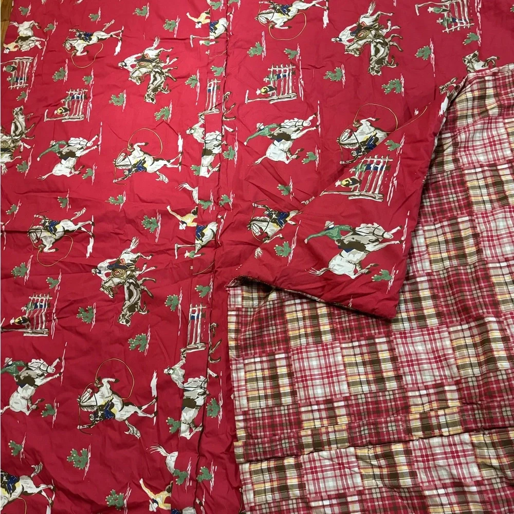 Vintage Red Cowboy Horses Rodeo Print comforter blanket Plaid Sided